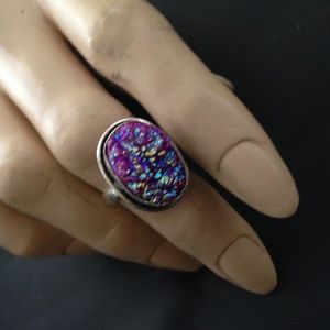 925 Silver Ring with Blue -Purple Druzy (Size6-7)